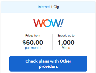 WOW! Internet 1000 mbps for $60 a month